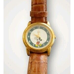 Vintage Disney JAZ Mickey Mouse Watch  V501 0590 MOV'T JAPAN Brown Leather Small